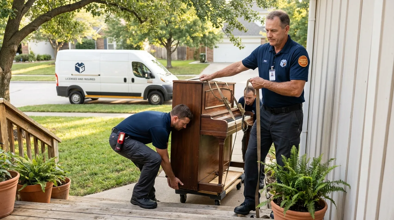 Licensed piano movers securing grand piano in Herington, KS