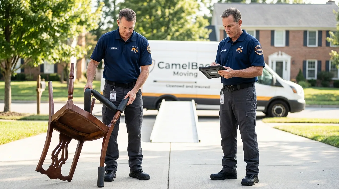 Movers inspecting furniture for damage prevention before loading in Herington, KS