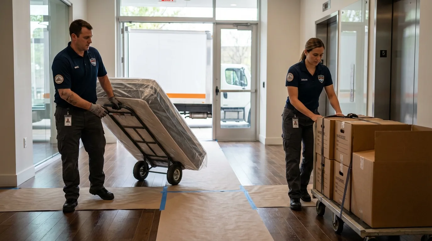 Professional apartment movers loading elevator in Herington, KS