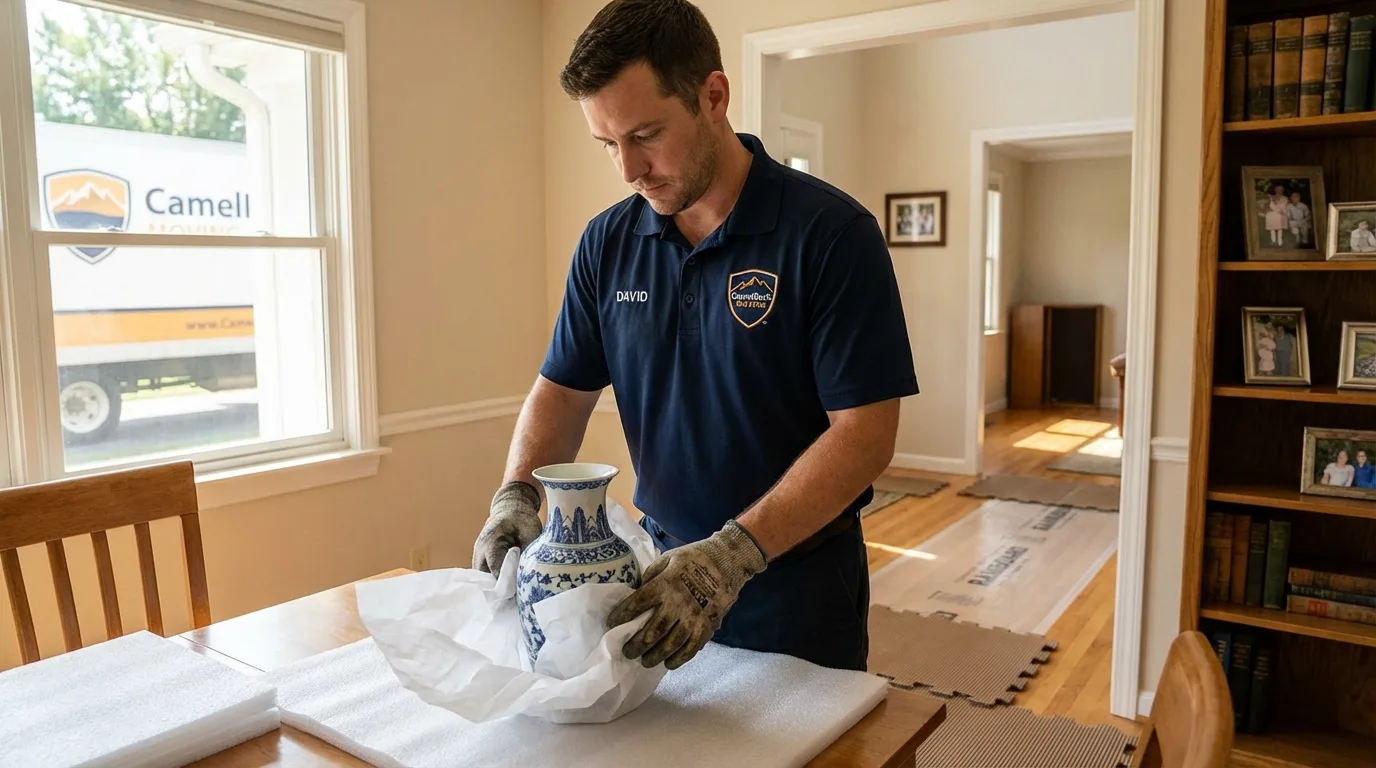 Professional crew carefully wrapping antique vase for senior downsizing move in Herington, KS