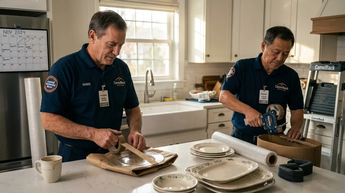 Professional crew packing kitchen dishware in Herington, KS